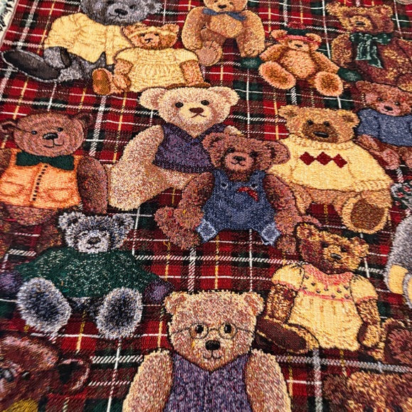Vintage Teddy Bear Woven Blanket Tapestry Plaid Fringe Throw Cozy Decor - Picture 2 of 13